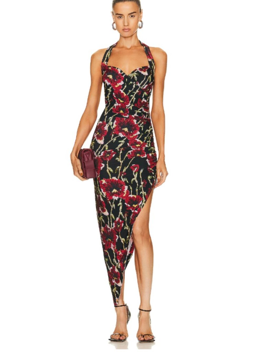 Norma Kamali Cayla Side Drape Gown Poppy Print Asymmetrical Hem Floral sz XS